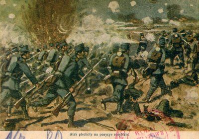Dzielna austriacka piechota w ataku na Moskali.