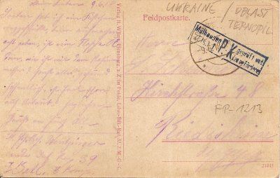 Olejów pocztówka Feldpost 1918 rewers
