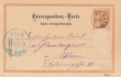 Olejów Karta Korespondencyjna 1892 awers